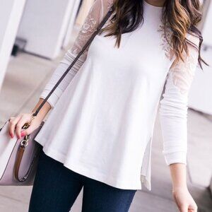 Free People White Flirty Lace Accented Long Sleeve Top